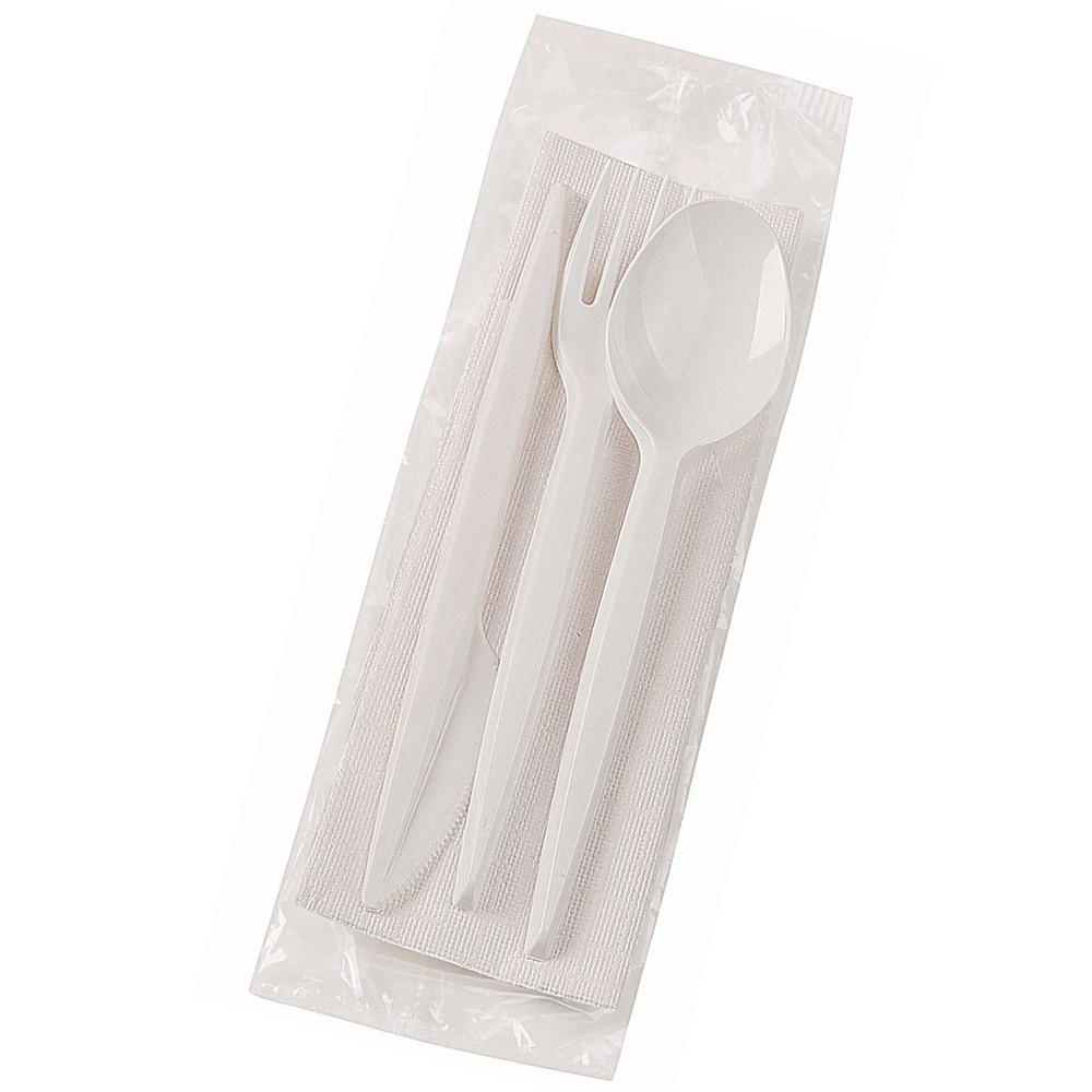 SET 4/1: TENEDOR, CUCHILLO, CUCHARA BLANCO REUTILIZABLES UNE 53928 20 USOS CON SERVILLETA (500 Unidades)