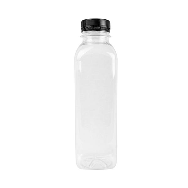 BOTELLA CILÍNDRICA TRANSPARENTE CON TAPÓN NEGRO - 500 ML