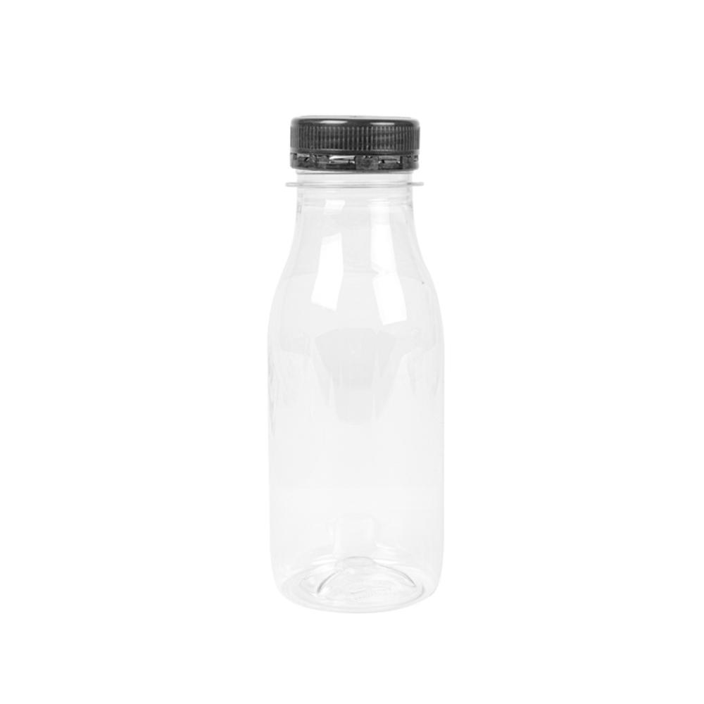 BOTELLA CILÍNDRICA TRANSPARENTE CON TAPÓN NEGRO - 250 ML