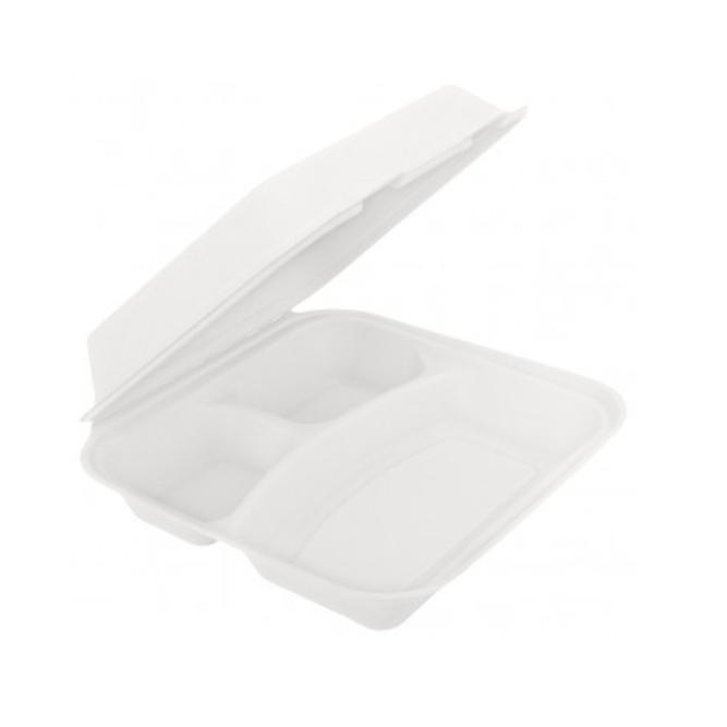 CAJA MENÚ PARA LLEVAR BLANCA DE BAGAZO CON 3 COMPARTIMENTOS - 25x25x7,5 CM (250 Unidades)