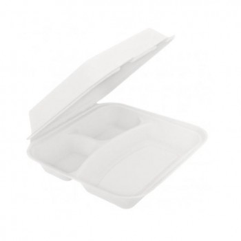 CAJA MENÚ PARA LLEVAR BLANCA DE BAGAZO CON 3 COMPARTIMENTOS - 25x25x7,5 CM