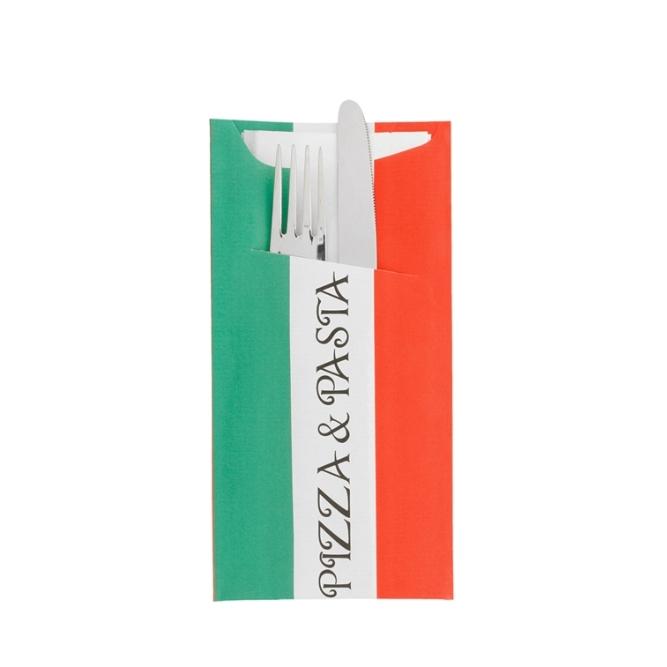 BOLSA CUBIERTOS JUST IN TIME CON SERVILLETA BLANCA PLEGADA 1/16 DISEÑO PASTA&PIZZA (400 Unidades)