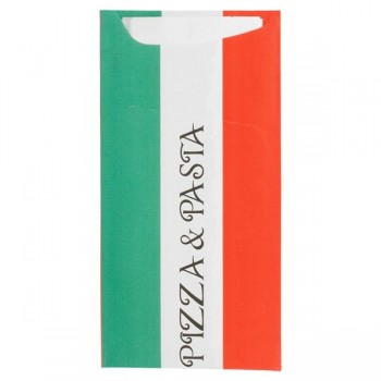 BOLSA CUBIERTOS JUST IN TIME CON SERVILLETA BLANCA PLEGADA 1/16 DISEÑO PASTA&PIZZA