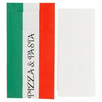 BOLSA CUBIERTOS JUST IN TIME CON SERVILLETA BLANCA PLEGADA 1/16 DISEÑO PASTA&PIZZA