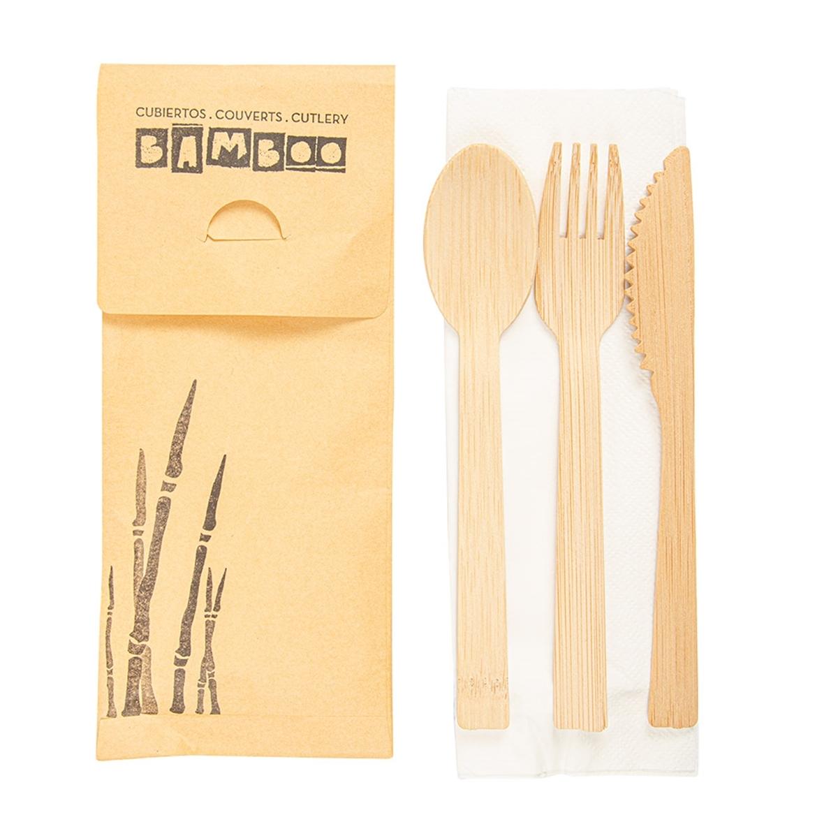 SET 4/1 CUBIERTOS CON TENEDOR, CUCHILLO Y CUCHARA DE BAMBÚ CON SERVILLETA EN SOBRE KRAFT (250 Unidades)