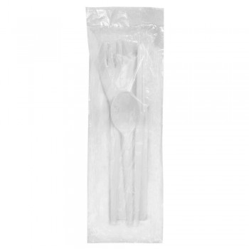 SET 4/1: TENEDOR, CUCHILLO, CUCHARILLA BLANCOS REUTILIZABLES UNE 53928 20 USOS Y SERVILLETA