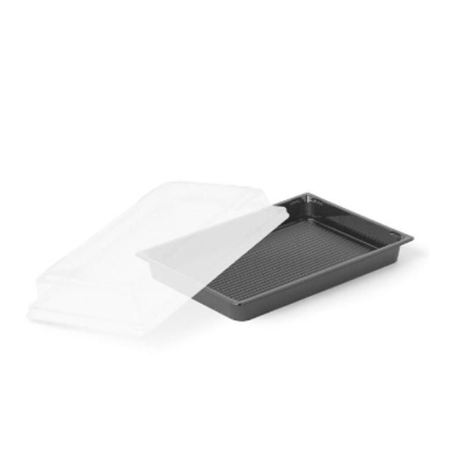 COMBO BASE NEGRA Y TAPA TRANSPARENTE PARA SUSHI & COMIDA ORIENTAL - 18,5x1,27x2+3 CM (400 Unidades)