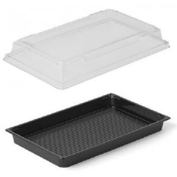 COMBO BASE NEGRA Y TAPA TRANSPARENTE PARA SUSHI & COMIDA ORIENTAL - 21,5x13,5x1,8+32 CM