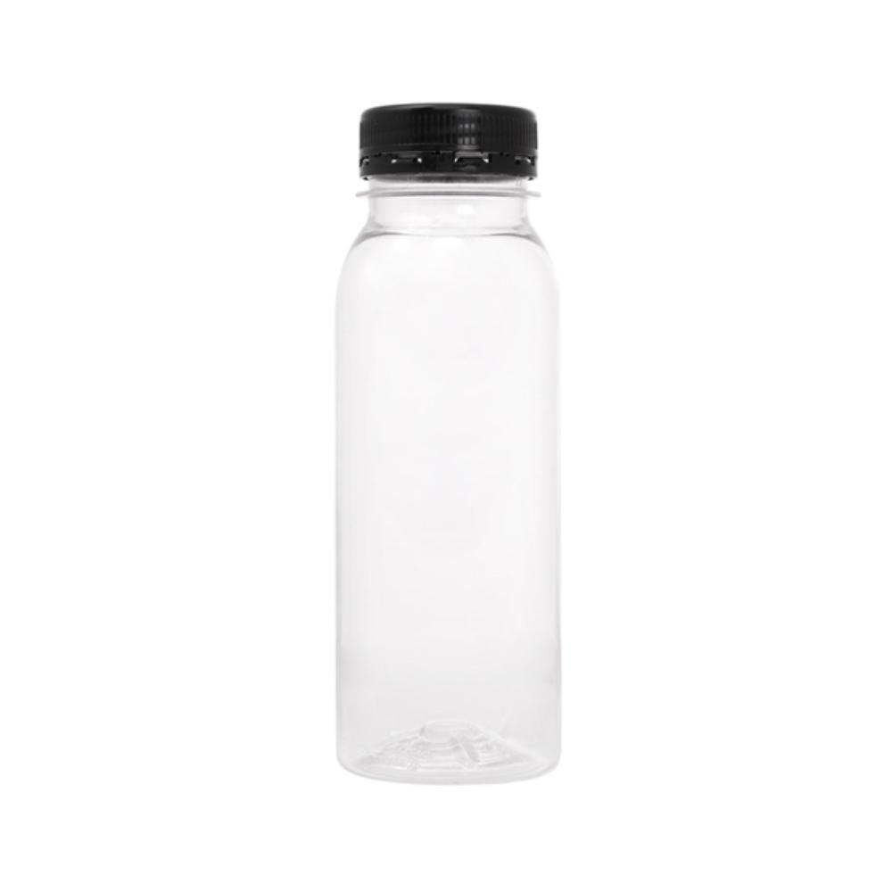 BOTELLA CILÍNDRICA TRANSPARENTE CON TAPÓN NEGRO - 250 ML