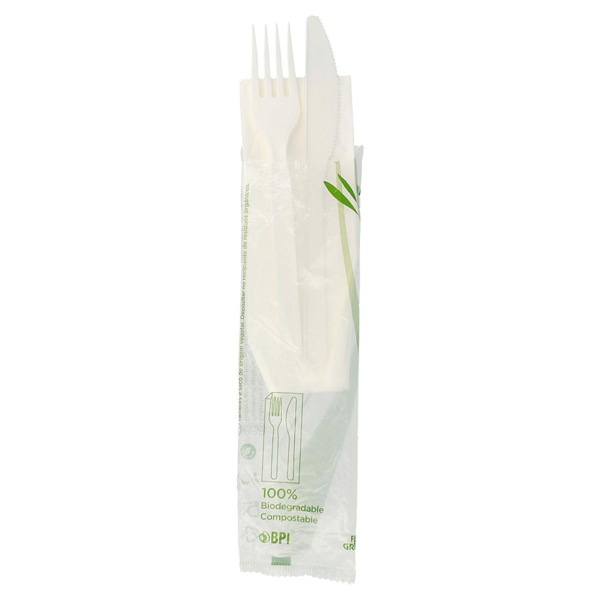SET CUBIERTOS 3/1: SERVILLETA, TENEDOR Y CUCHILLO BLANCOS PERLADOS Y COMPOSTABLES (500 Unidades)