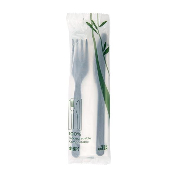 SET 3/1 CUBIERTOS NEGROS COMPOSTABLES: TENEDOR, CUCHILLO Y SERVILLETA (500 Unidades)