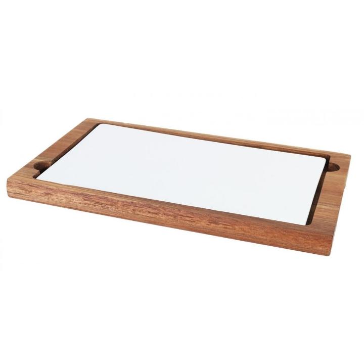CONJUNTO DE BANDEJA PORCELANA Y SOPORTE ACACIA - 37x20x2 CM