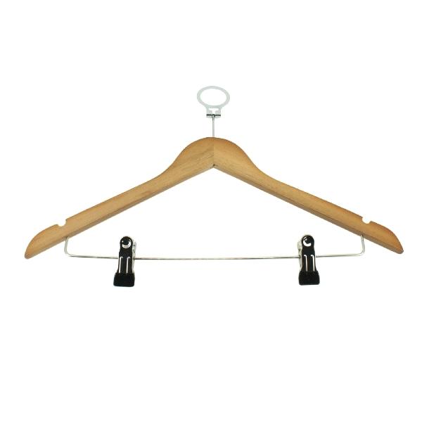 PERCHA ANTIRROBO CON PINZA PANTALONERA PARA HOTEL DE MADERA HAYA - 44x1,2x25 CM