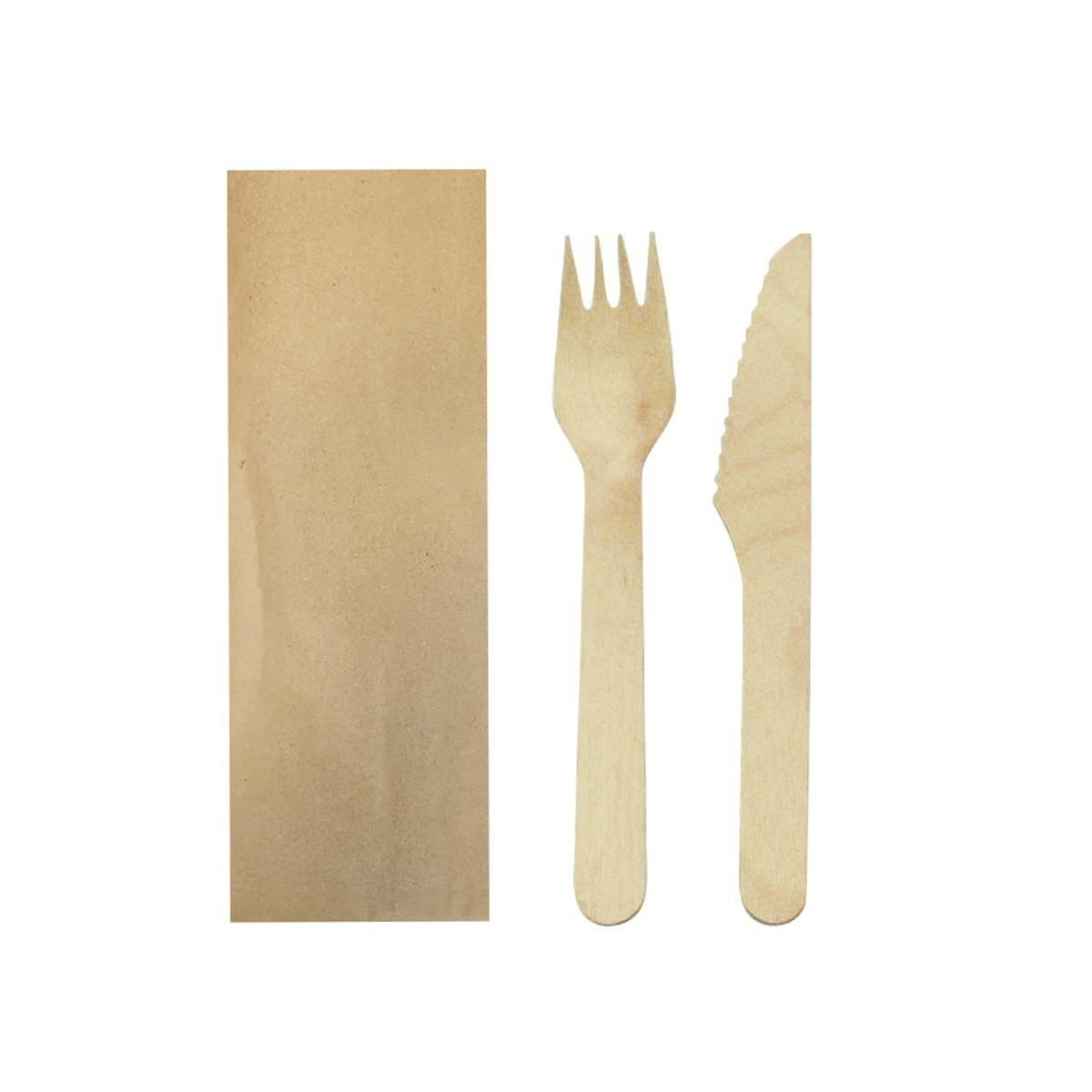 SET 2/1 TENEDOR Y CUCHILLO DE MADERA ENFUNDADOS KRAFT (400 Unidades)