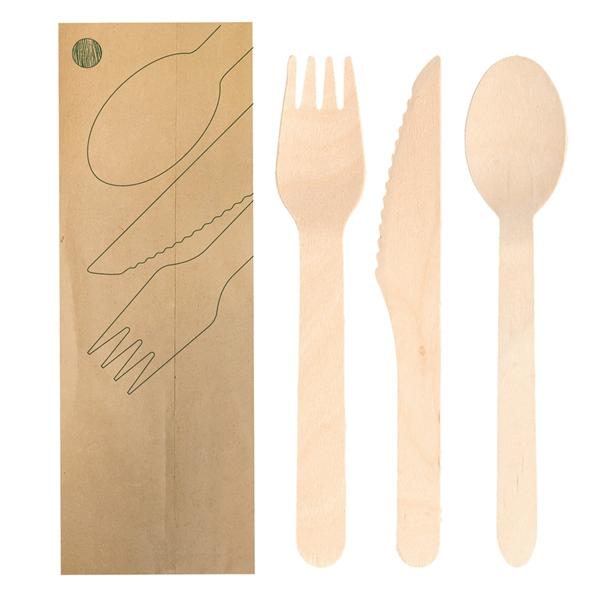 SET 3/1 CUBIERTOS MADERA : TENEDOR, CUCHILLO Y CUCHARA EN SOBRE KRAFT