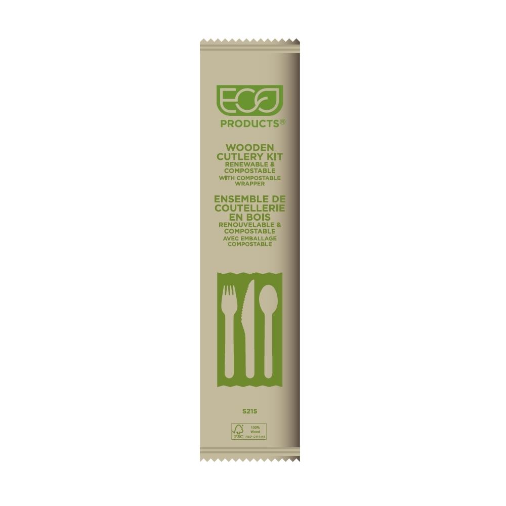 SET CUBIERTOS COMPOSTABLES 4/1 CUCHARA, TENEDOR Y CUCHILLO DE MADERA CON SERVILLETA  ENFUNDADOS EN KRAFT