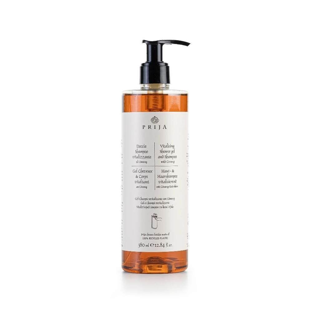BOTELLA CON DOSIFICADOR GEL-CHAMPÚ REVITALIZANTE AL GINSENG COLECCIÓN PRIJA - 380 ML